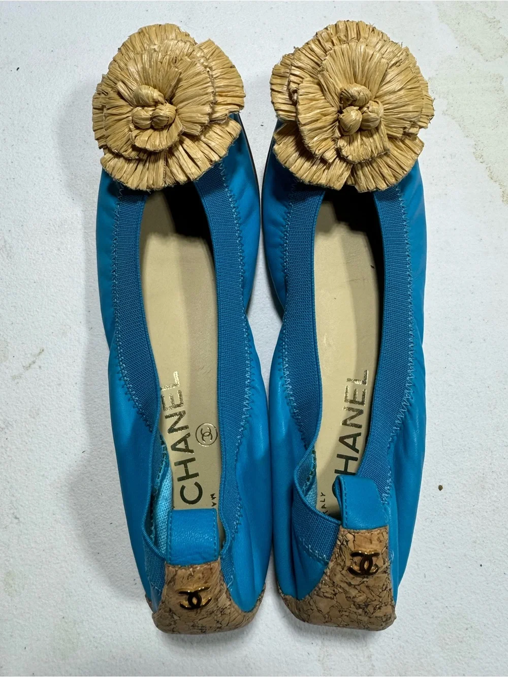 CHANEL Turquoise Ballet Flats with Raffia Flower